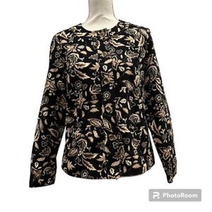 Appleseed's Button Front Blazer Jacket Black Tan Floral Cotton Size 8